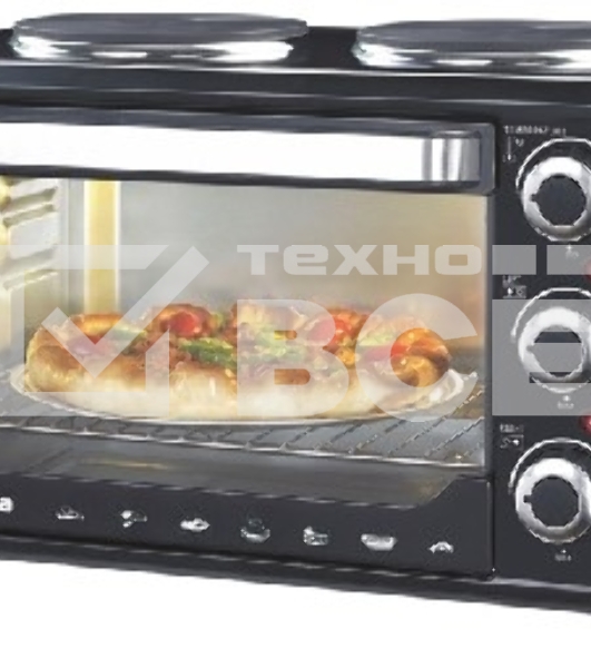 Мини-печь Sakura SA-7002HBK 48л, 3600Вт, духовка 2000Вт, конфорки 185мм+155мм (1000Вт+600Вт), механ.управление, 3 режима работы духовки (верх, низ, верх+низ), раздельная регулировка температуры духовки и конфорок, комплектация - металлическая решетка, противень и ухват. чёрны