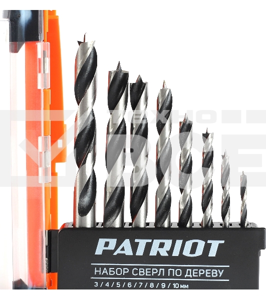 Набор сверл по дереву PATRIOT спиральные, W-образная заточка, 8 шт: 3, 4, 5, 6, 7, 8, 9, 10мм, в пластиковом боксе