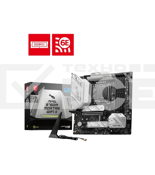 Материнская плата MSI MAG B760M MORTAR WIFI II, LGA 1700, Intel B760, 4xDDR5, 4xSATA, 3xM.2, 1xPCIe 5.0 x16, 1xPCIe 4.0 x4, 1xHDMI, 1xDP, 1xUSB Type-C, 1x2.5Gb LAN, 3xUSB-A 2.0, 3xUSB-A 3.2 Gen 2, 5x3.5 мм, 7.1, mATX