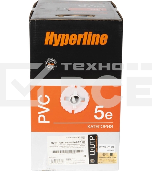 Кабель информационный Hyperline UUTP4R-C5E-S24-IN-PVC-GY-305 кат.5E UTP 4 пары 24AWG PVC внутренний 305м серый