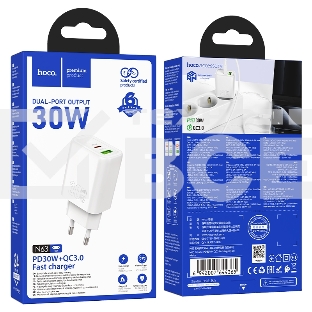 Зарядное устройство Hoco 30Вт, 3А, QC3.0/PD, 1xUSB, 1xType-C, N63, белый, коробка