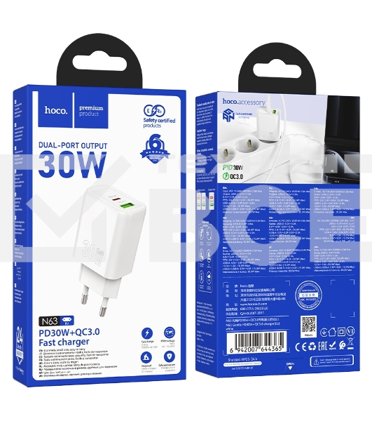 Зарядное устройство Hoco 30Вт, 3А, QC3.0/PD, 1xUSB, 1xType-C, N63, белый, коробка