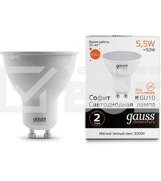 Лампа светодиодная Gauss Elementary MR16 5.5Вт цок.:GU10 спот 220B 3000K св.свеч.бел.теп. (упак.:10шт) (13616)