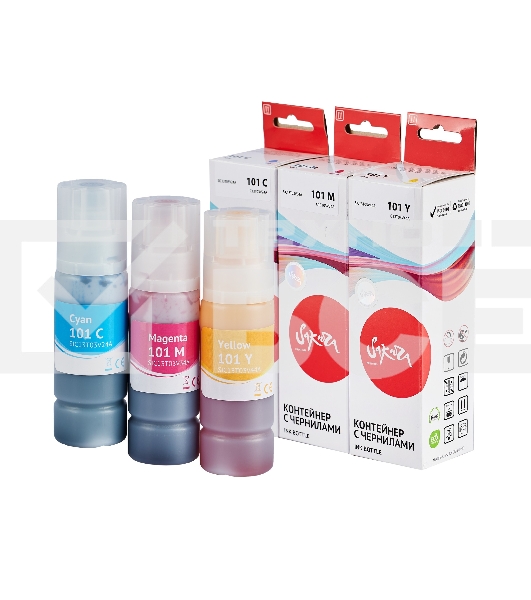Набор чернил Sakura SIC13T03VBA (101 BK/C/M/Y) для Epson, водорастворимый тип, (черный,голубой, пурпурный, желтый), 4шт в наборе.