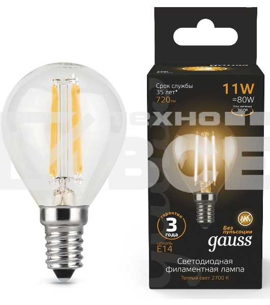 Лампа светодиодная Gauss Filament 11Вт цок.:E14 шар 220B 2700K св.свеч.бел.теп. (упак.:10шт) (105801111)