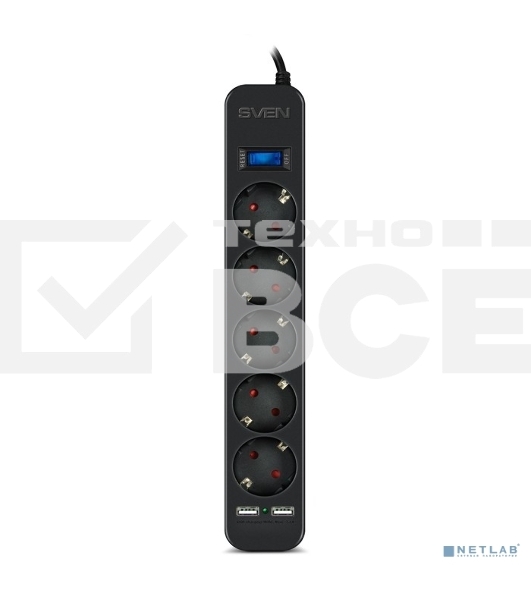Фильтр SVEN SF-05LU 1,8 м (5 евро розеток,2*USB(2,4А)) черный, цветная коробка Surge protector SVEN SF-05LU 1,8 м (5 евро розеток,2*USB(2,4А)) черный, цветная коробка