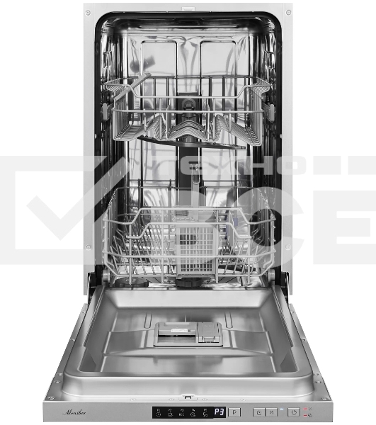 Встраиваемая посудомоечная машина MONSHER MD 4501полностью встраиваемая,  ширина 45 см, Количество корзин: 3, 9 комплектов посуды, Кнопочное управление, Отсрочка старта 1-24 часов, 5 программ: Авто. Интенсивная, ЭКО, 90 мин, Быстрая, Половинная загрузка, 