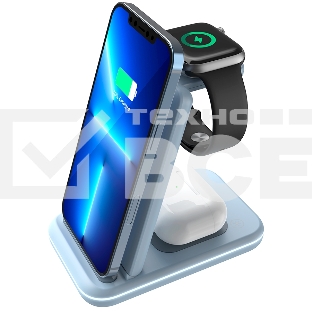 Беспроводное зарядное устройство CANYON WS-304, Foldable  3in1 Wireless charger, with touch button for Running water light, Input 9V/2A,  12V/1.5AOutput 15W/10W/7.5W/5W, Type c to USB-A cable length 1.2m, with QC18W EU plug,132.51х75х28.58мм, 0.168Kg,Blue