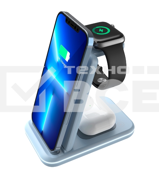 Беспроводное зарядное устройство CANYON WS-304, Foldable  3in1 Wireless charger, with touch button for Running water light, Input 9V/2A,  12V/1.5AOutput 15W/10W/7.5W/5W, Type c to USB-A cable length 1.2m, with QC18W EU plug,132.51*75*28.58mm, 0.168Kg,Blue