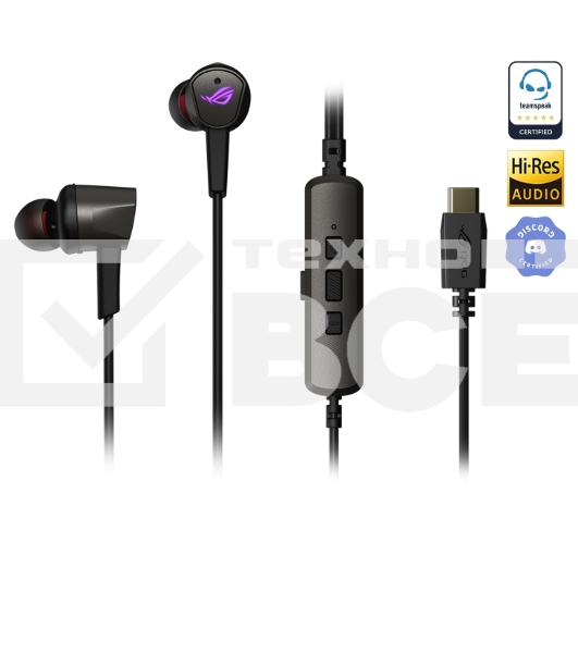 Игровые наушники чёрные ASUS ROG Cetra II (вкладыши, USB-C, RGB подсветка, ПУ, чехол, 90YH02S0-B2UA00)