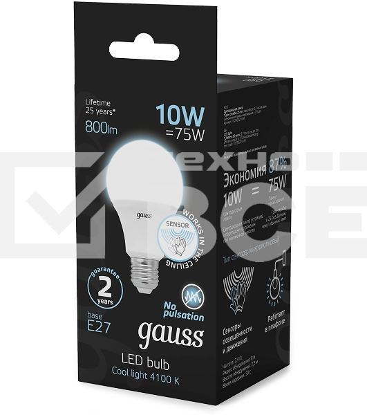 Лампа светодиодная Gauss 102502210-M 10Вт цок.:E27 груша 220B св.свеч.бел.нейт. A60 (упак.:10шт)