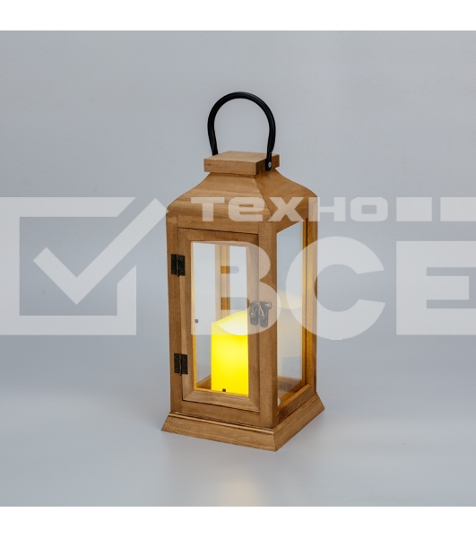 Фонарь декоративный со свечкой Neon-night, корпус из дерева, коричневый, 15х15х38cм, теплый белый