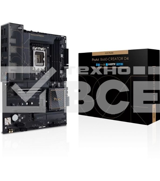 Материнская плата ASUS ProArt B660-CREATOR D4, LGA 1700, Intel B660, 4xDDR4, 4xSATA, 3xM.2, 1xPCIe 5.0 x16, 1xPCIe 3.0 x4, 1xPCIe x1, 1xHDMI, 1xDP, 2x 2.5Gb LAN, 4xUSB-A 2.0, 4xUSB-A 3.2 Gen 1, 1xUSB-C 3.2 Gen 2, 5x3.5 мм, TOSLINK, ATX