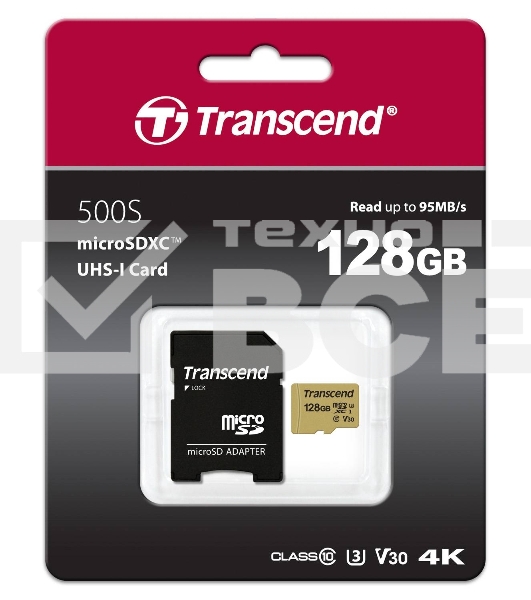 Флеш карта microSD 128GB Transcend microSDXC Ultimate UHS-I U3, V30, (SD адаптер), MLC
