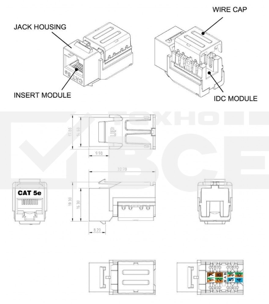Модуль универсальный Hyperline, keystone, 1хRJ45, Toolless, кат. 5е, неэкр., 1 шт, цвет: зелёный