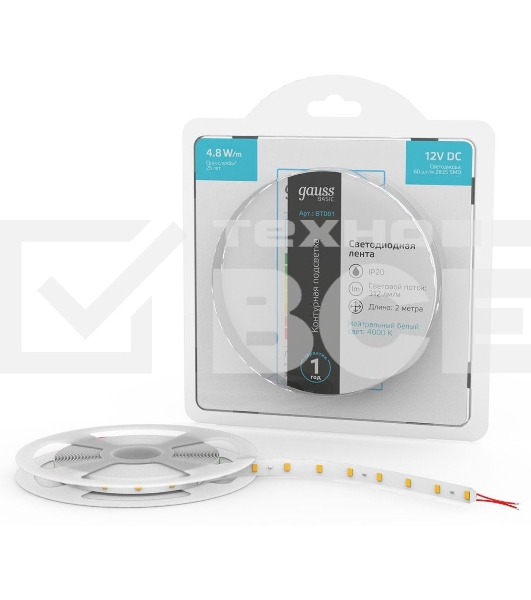 Лента светодиодная Basic Gauss 12V 4,8W/m 312lm/m 4000K IP20 LED 2m 1/100