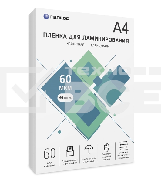 Пленка для ламинирования ГЕЛЕОС, А4, 60 мкм 60 шт./ Пленка для ламинирования A4, 216х303 (60 мкм) глянцевая 60шт, ГЕЛЕОС [LPA4-60-60]