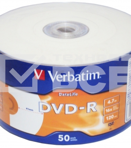 Диск DVD-R Verbatim 4,7 Gb 16x DataLife Inkjet Printable, Shrink, 50 шт (43793)