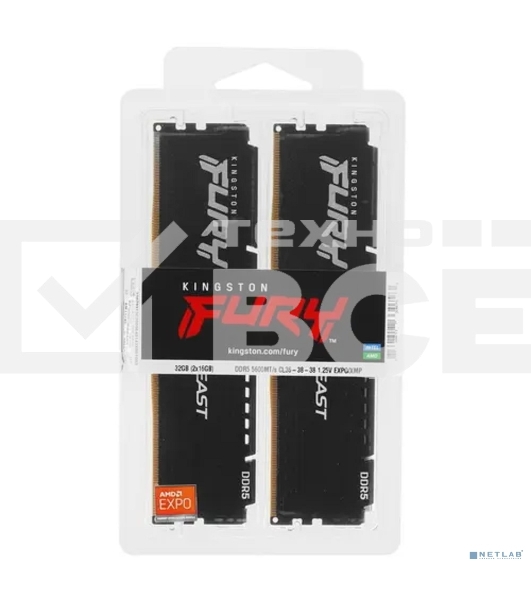 Оперативная память Kingston Fury Beast, DDR5, 32GB (2x16GB), 5600MHz, CL36, с радиаторами, черный