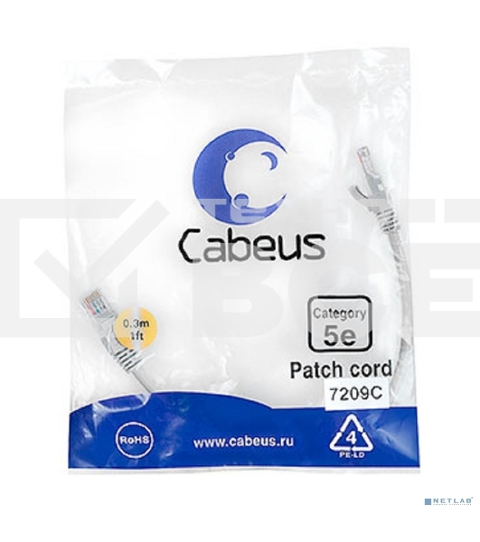 Шнур комм. Cabeus, кат. 5е, неэкр., U/UTP, RJ45/RJ45, PVC, AWG24, 0.3м, серый