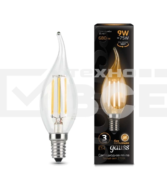 Лампа светодиодная Filament Свеча на ветру E14 9Вт 2700К GAUSS 104801109