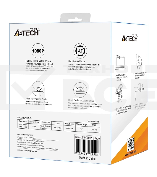 Веб-камера A4Tech PK-930HA черный 2Mpix (1920x1080) USB2.0 с микрофоном