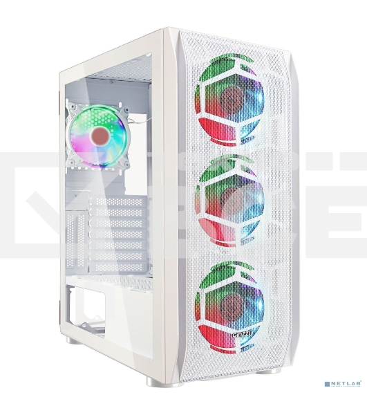 Компьютерный корпус Ginzzu GL 390 боковая дверца закаленное стекло на петлях на магнитах, controller CRC10, 4* 12R6W FAN 12CM RGb белый