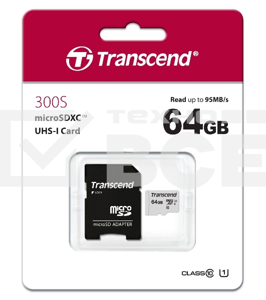 Флеш карта Micro SecureDigital 64Gb Transcend Class 10 TS64GUSD300S-A{MicroSDXC Class 10 UHS-I, SD adapter}