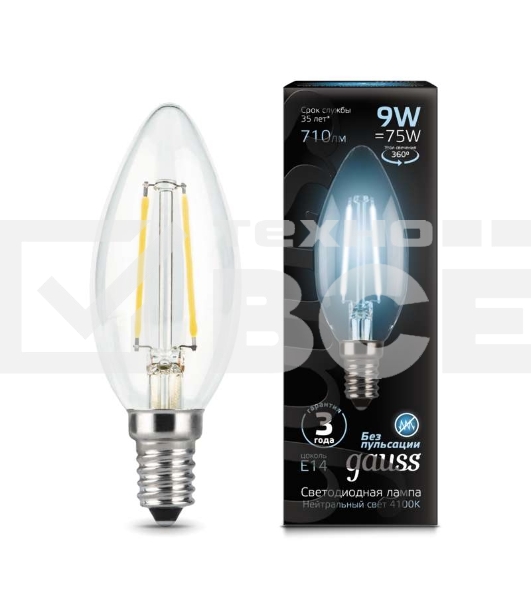 Лампа светодиодная Filament Свеча E14 9Вт 4100К GAUSS 103801209