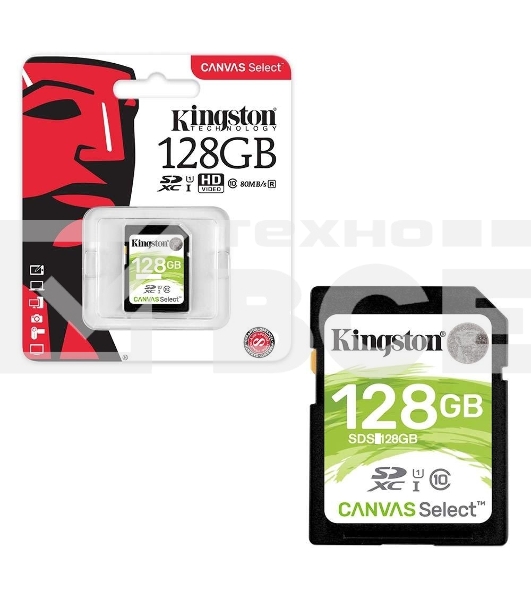 Флеш карта SDHC 128Gb Class10 Kingston <SDS2/128GB>, Canvas Select 100R CL10 UHS-I