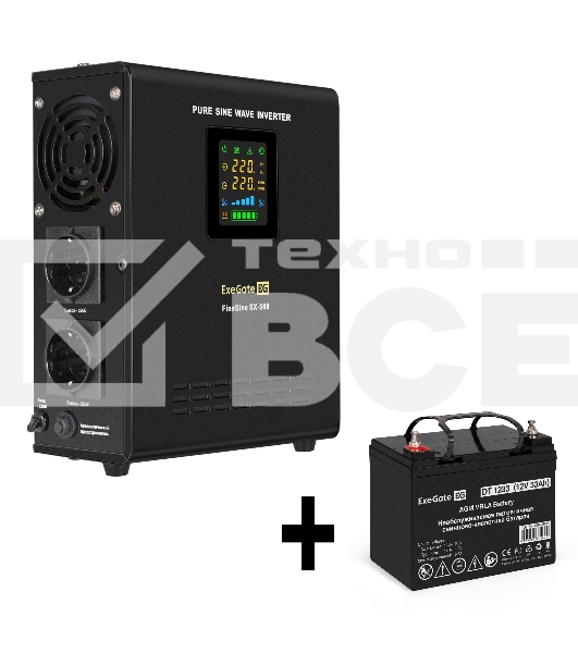 Комплект Источник бесперебойного питания EX295995RUS + батарея 33Aч EX282974RUS 1шт (инвертор, синус, для котла, настенный) ExeGate FineSine SX-500.LCD.AVR.2SH <500VA/300W, чистая синусоида, цветной LCD-дисплей, AVR, 2*Schuko, линейно-интерактивный, крепл