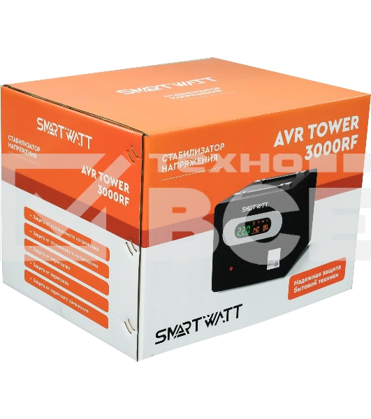 Напольный стабилизатор напряжения SMARTWATT AVR TOWER 3000RF (140W - 260W, 3000VA, 3 кВт, 50-60 Гц, LED-дисплей, релейны