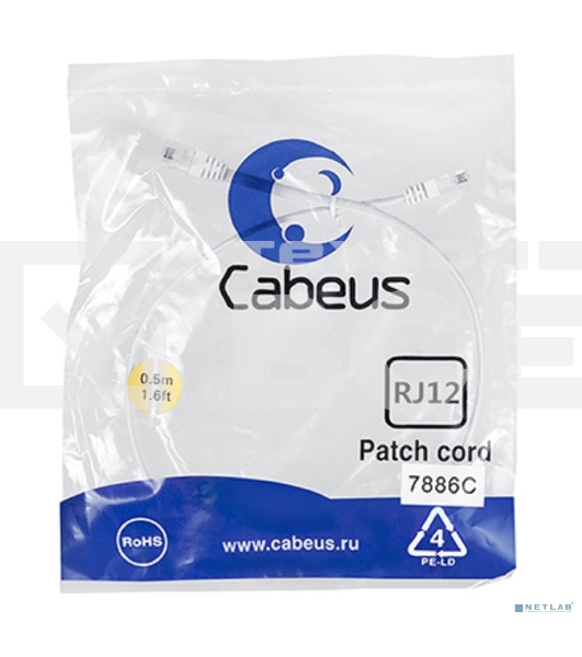 Шнур комм. Cabeus, кат. , неэкр., U/UTP, RJ12(6p4C), PVC, AWG28, 0.5м, белый
