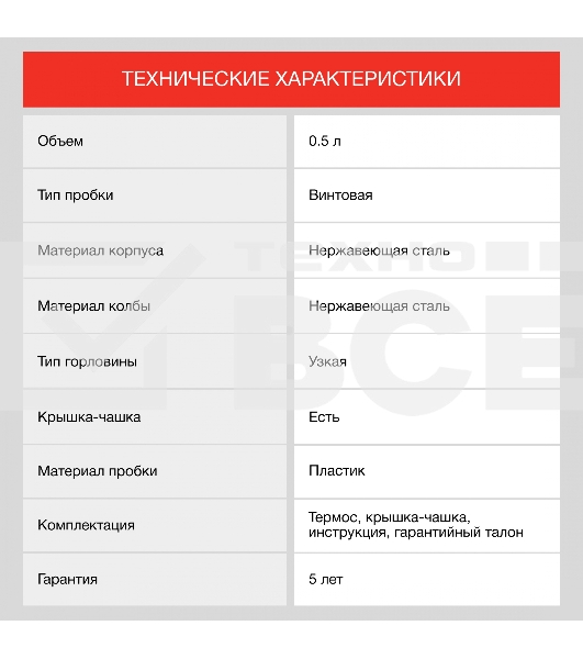 Термос для напитков Starwind 10-500 0.5 л, серебристый/красный, картонная коробка