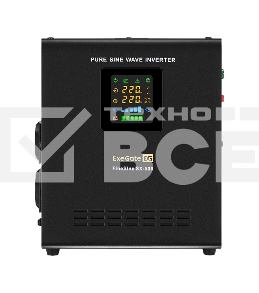 Комплект Источник бесперебойного питания EX295995RUS + батарея 33Aч EX282974RUS 1шт (инвертор, синус, для котла, настенный) ExeGate FineSine SX-500.LCD.AVR.2SH <500VA/300W, чистая синусоида, цветной LCD-дисплей, AVR, 2*Schuko, линейно-интерактивный, крепл