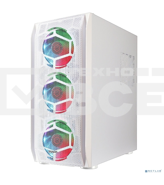 Компьютерный корпус Ginzzu GL 390 боковая дверца закаленное стекло на петлях на магнитах, controller CRC10, 4* 12R6W FAN 12CM RGb белый