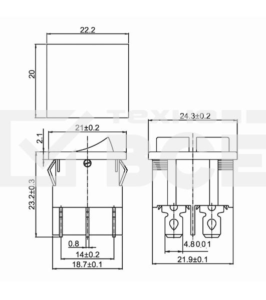 Выключатель клавишный 250V 6А (6с) ON-OFF красный с подсветкой ДВОЙНОЙ Mini Rexant