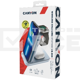 Беспроводное зарядное устройство CANYON WS-304, Foldable  3in1 Wireless charger, with touch button for Running water light, Input 9V/2A,  12V/1.5AOutput 15W/10W/7.5W/5W, Type c to USB-A cable length 1.2m, with QC18W EU plug,132.51*75*28.58mm, 0.168Kg,Blue