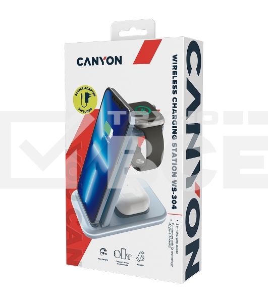 Беспроводное зарядное устройство CANYON WS-304, Foldable  3in1 Wireless charger, with touch button for Running water light, Input 9V/2A,  12V/1.5AOutput 15W/10W/7.5W/5W, Type c to USB-A cable length 1.2m, with QC18W EU plug,132.51*75*28.58mm, 0.168Kg,Blue