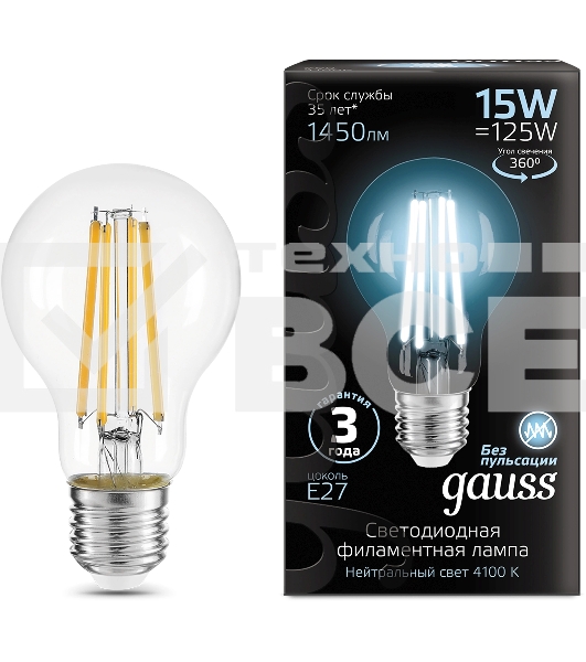 Лампа светодиодная Gauss Filament 102902215 15Вт цок.:E27 груша 220B св.свеч.бел.нейт. (упак.:10шт)
