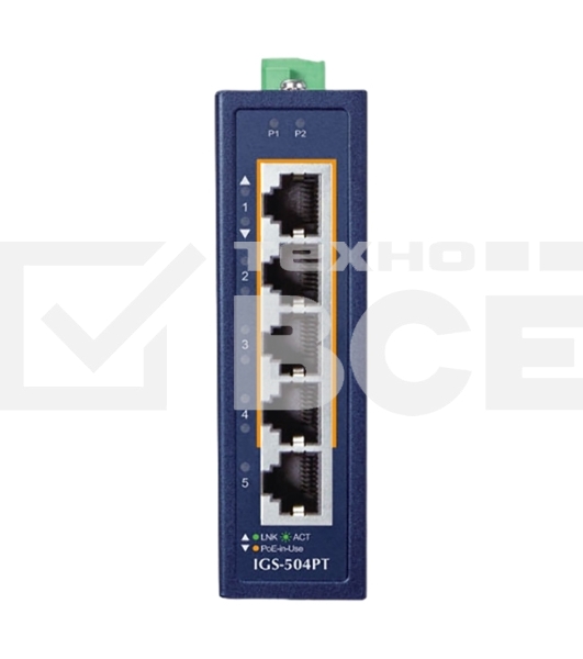 Коммутатор PLANET IGS-504PT IP30 Compact size 4-Port 10/100/1000T 802.3at PoE + 1-Port 10/100/1000T Gigabit Ethernet Switch (-40~75 degrees C, dual 48~54V DC)