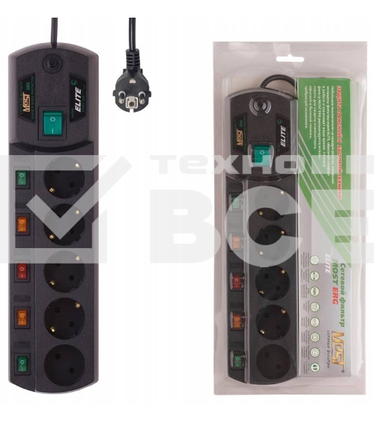 Сетевой фильтр Most ERG 2 м (5 розеток) черный (коробка)