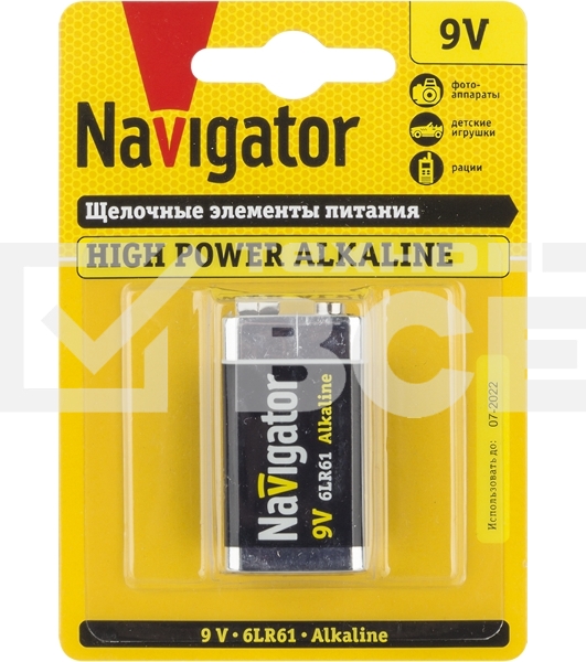 Элемент питания алкалиновый Navigator 'крона' NBT-NE-6LR61-BP1 (блист.1шт)
