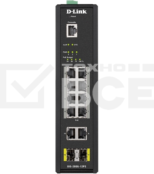 Промышленный управляемый коммутатор D-Link DIS-200G-12PS/A2A 2 уровня с 10 портами 10/100/1000Base-T и 2 портами 1000Base-X SFP (8 портов с поддержкой PoE 802.3af/802.3at (30 Вт), PoE-бюджет до 240Вт)