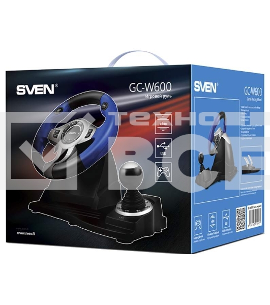 Руль чёрный Sven GC-W600 (виброотдача, педали, джойстик, 12 кн., USB)