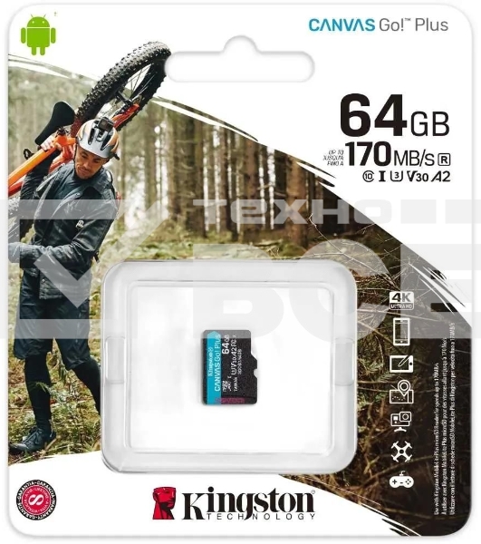 Флеш карта Kingston 64GB microSDXC Canvas Go Plus 170R A2 U3 V30 Single Pack w/o ADP EAN: 740617301175