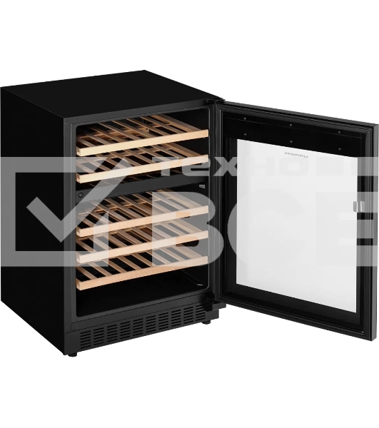 Винный шкаф Kuppersberg RBW 86, встраиваемый, High-Tech, объем 129 л, вместимость 46 бутылок, диапазон температуры 5-22 градусов, сенсорное открытие двери, 4 полки из бука, LCD дисплей, уровень шума 40 дБ, черный