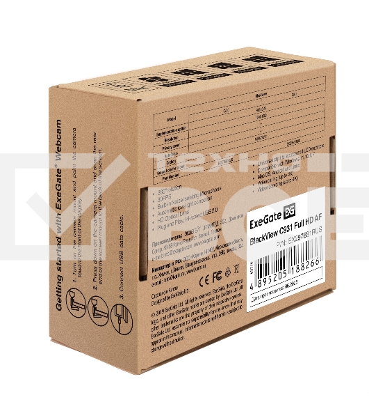 Веб-камера ExeGate BlackView C931 Full HD AF (2Мп, 1920х1080, 1080P, 30fps, автоматический фокус, защитная шторка, 4-линзовый объектив, микрофон с шумоподавлением, универсальное крепление, отверстие под штатив, USB, кабель 1,5 м, Windows 7/8/10/11, Mac OS