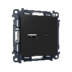 Комплект механизма розетки ALFA Черный матовый 2USB A+C 20W (быстрая зарядка) QUANT (AP8110, VM177) MA811010, фото 1