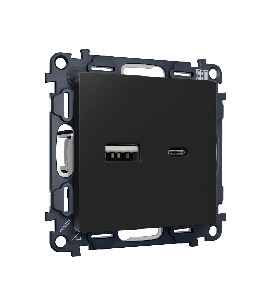 Комплект механизма розетки ALFA Черный матовый 2USB A+C 20W (быстрая зарядка) QUANT (AP8110, VM177) MA811010
